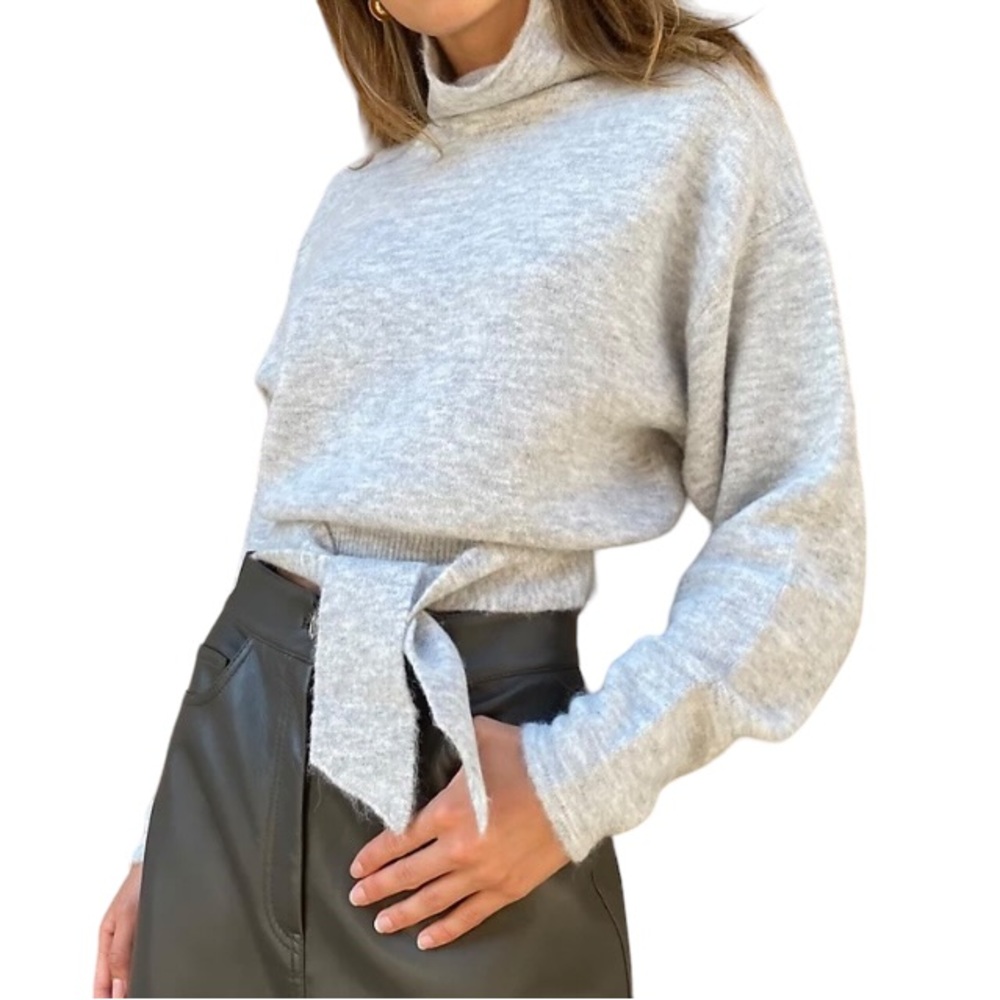 Aritzia Wilfred Lorin Turtleneck Knit Tie Front Grey Alpaca Wool Sweater XS